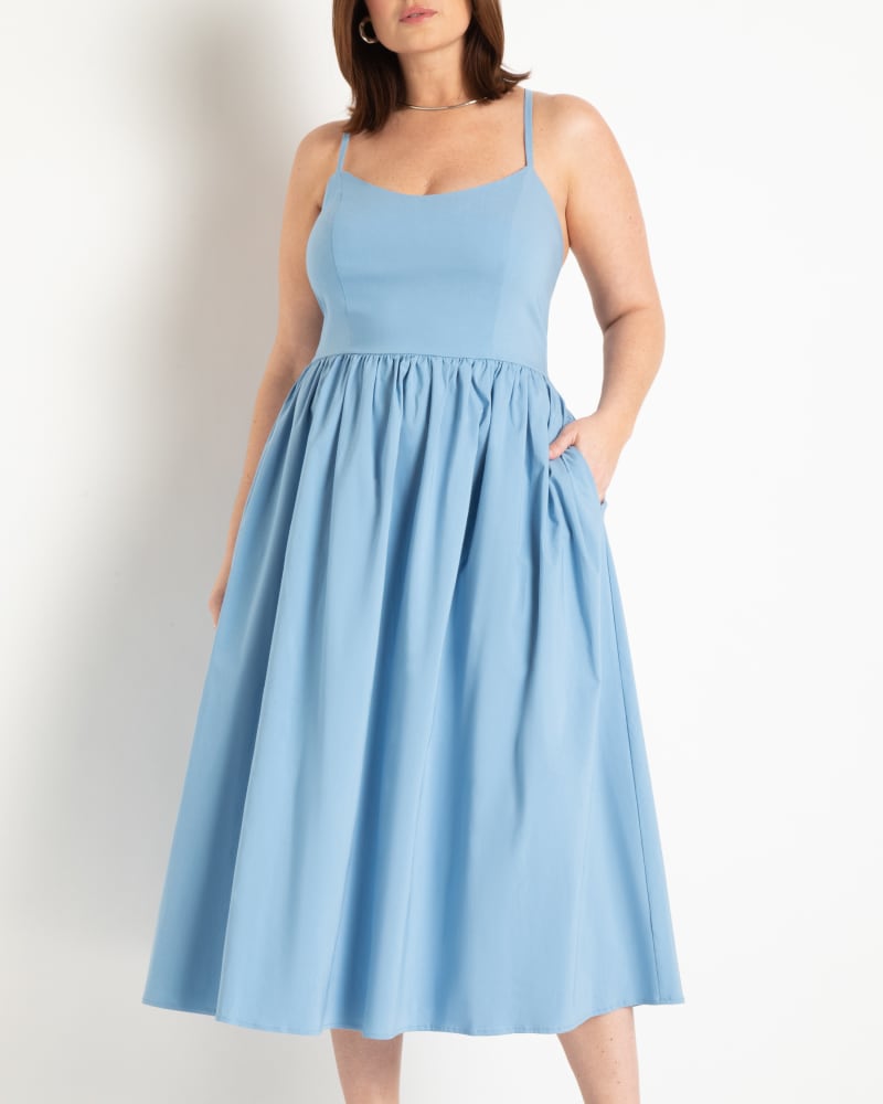 Front of a model wearing a size 26 Full Skirted Midi Dress in Allure by ELOQUII. | dia_product_style_image_id:303791